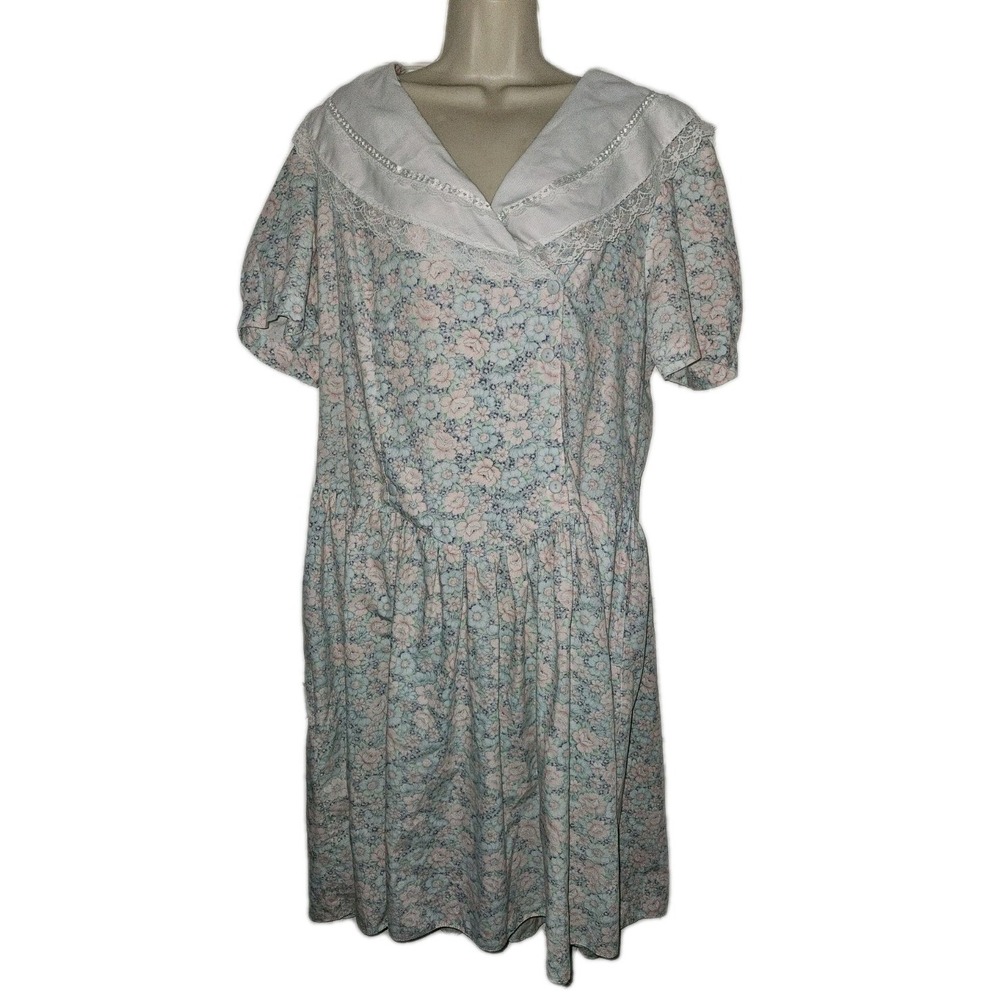 Vtg Oops California 80s Floral Sailor Collar Midi Drop Waist Dress Plus Size 18